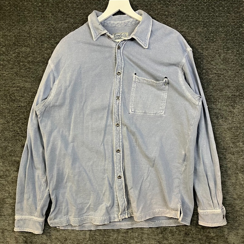 VTG True Grit Button Up Shirt Men's Blue Long Sleeve USA Made Outdoor - Large